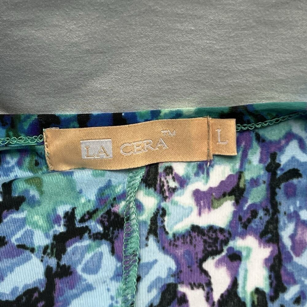 La Cera Midi Dress Size L Pleated Waist Blue Purple Floral Print Round Neckline - Picture 3 of 8